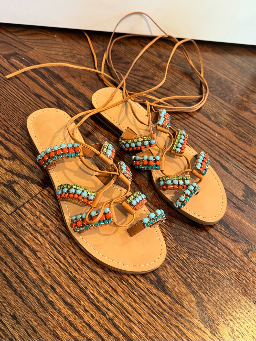 Women's Tan Beaded Lace-Up gladiator Sandals - Turquoise & Coral Accents